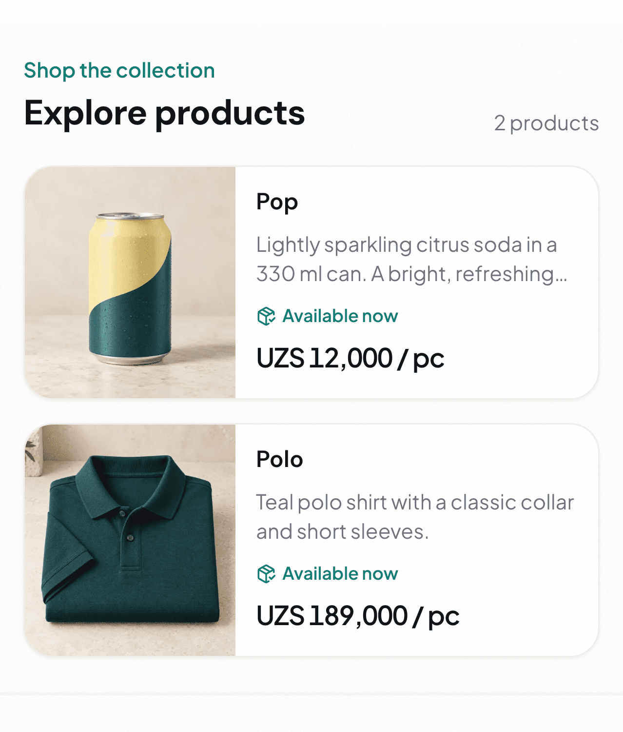 Fictional Main Shop catalog showing products, prices, and availability