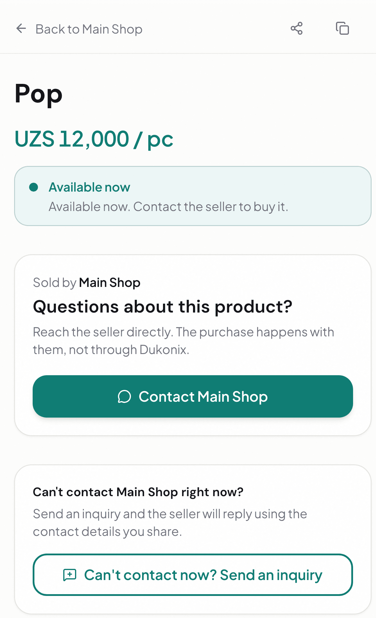 Fictional product page with Contact Main Shop and Send an inquiry actions