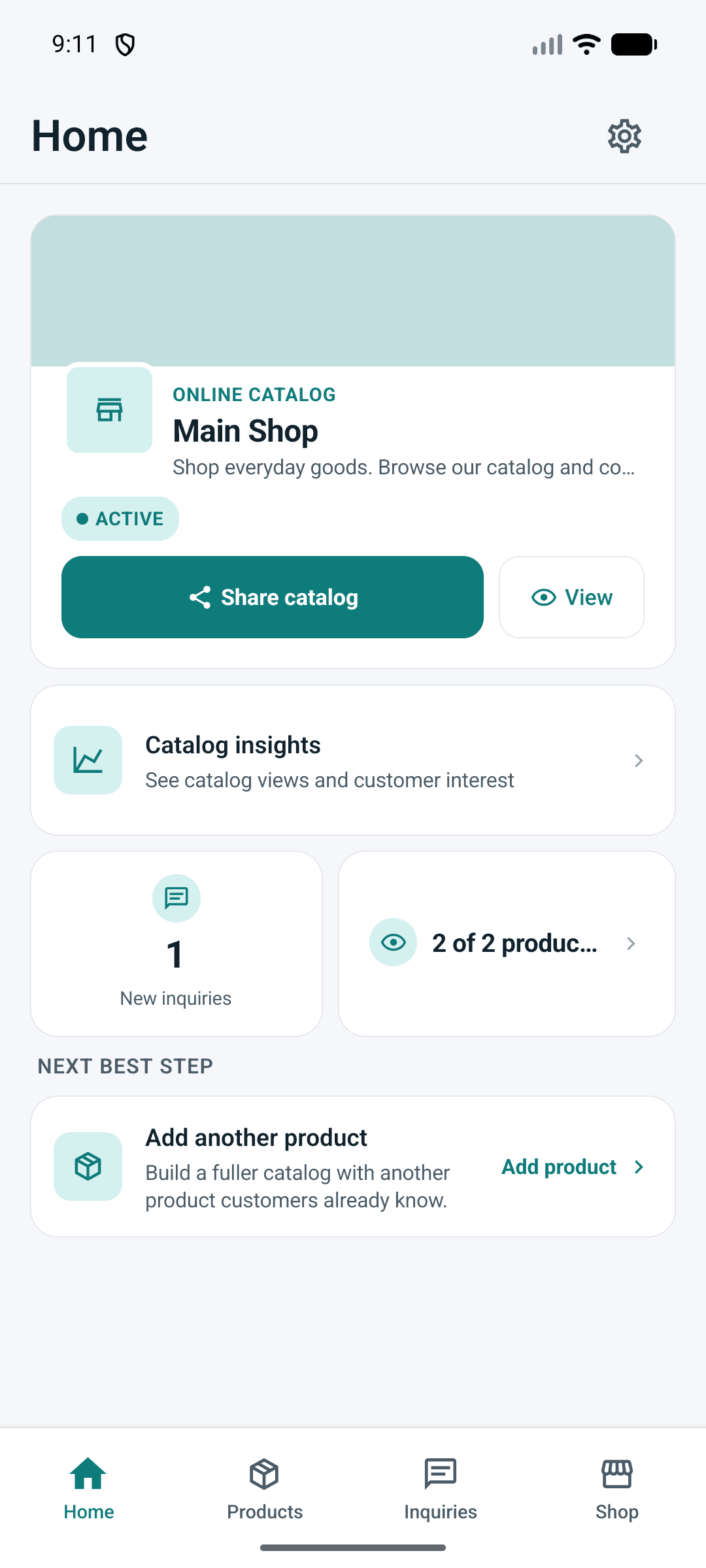 Dukonix on Android showing the fictional Main Shop and Share catalog action