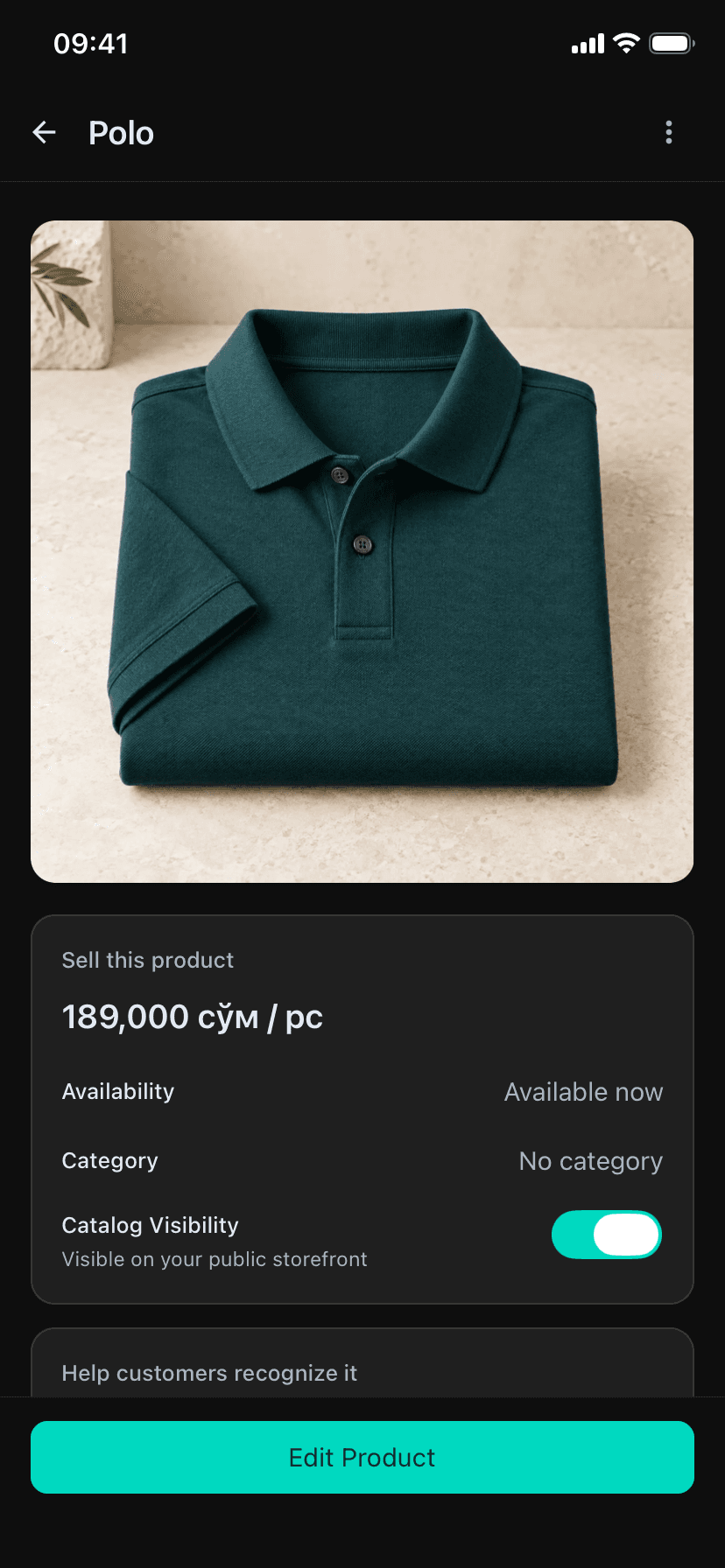 Dukonix on iPhone showing the fictional Polo product and Edit Product action